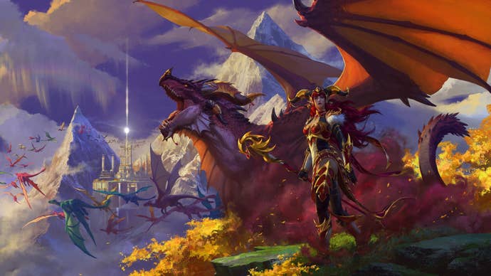 World of Warcraft Dragonflight key art showing a woman in red and gold armour, stood on a cliff edge, a dragon roaring behind her, swarms of dragons flying toward a castle amongst some mountains in the background.