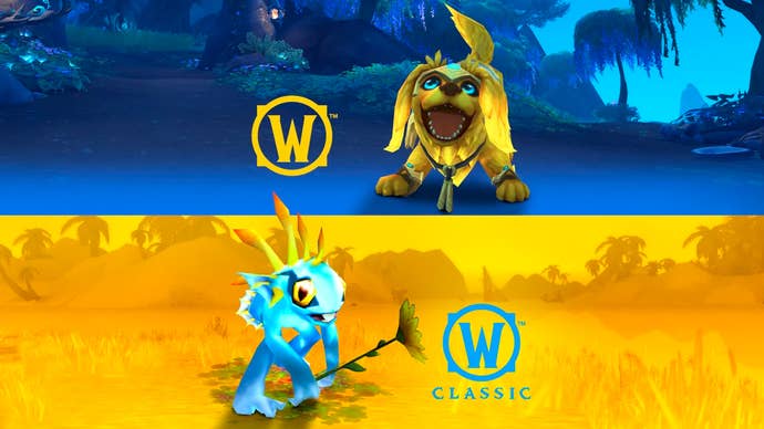 Golden retriever Sunny and baby murloc Flurky from World of Warcraft’s Pet Pack for Ukraine bundle