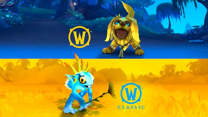 Golden retriever Sunny and baby murloc Flurky from World of Warcraft's Pet Pack for Ukraine bundle