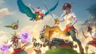Promotional art for World of Warcraft's Plunderstorm mode showing a pirate standing over a glowing open treasure chest while other angry pirates swarm toward their position.