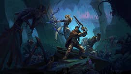 Two people, one wielding a sword, the other a bow, prepared to fight various enemies in some dark woods in key art for World of Warcraft: The War Within.