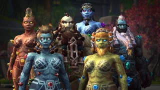 A screenshot showing several multi-coloured Earthen dwarves from the new World of Warcraft expansion The War Within. They all stand next to each other and stare at the camera. It's quite disconcerting.