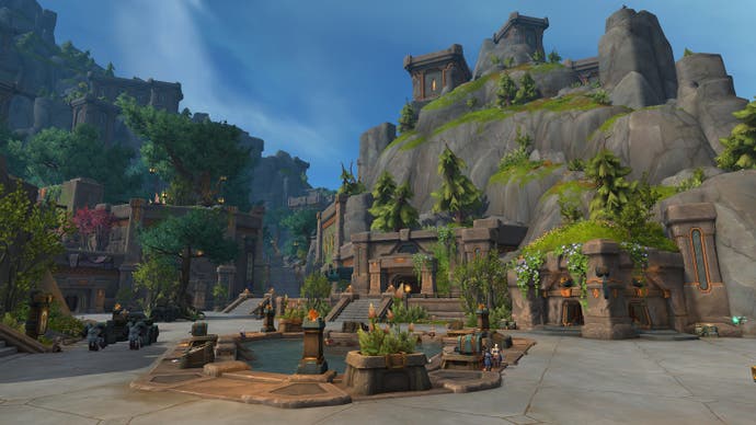 An outside area in World of Warcraft: The War Within, showing the stony dwarven city of Donogal.