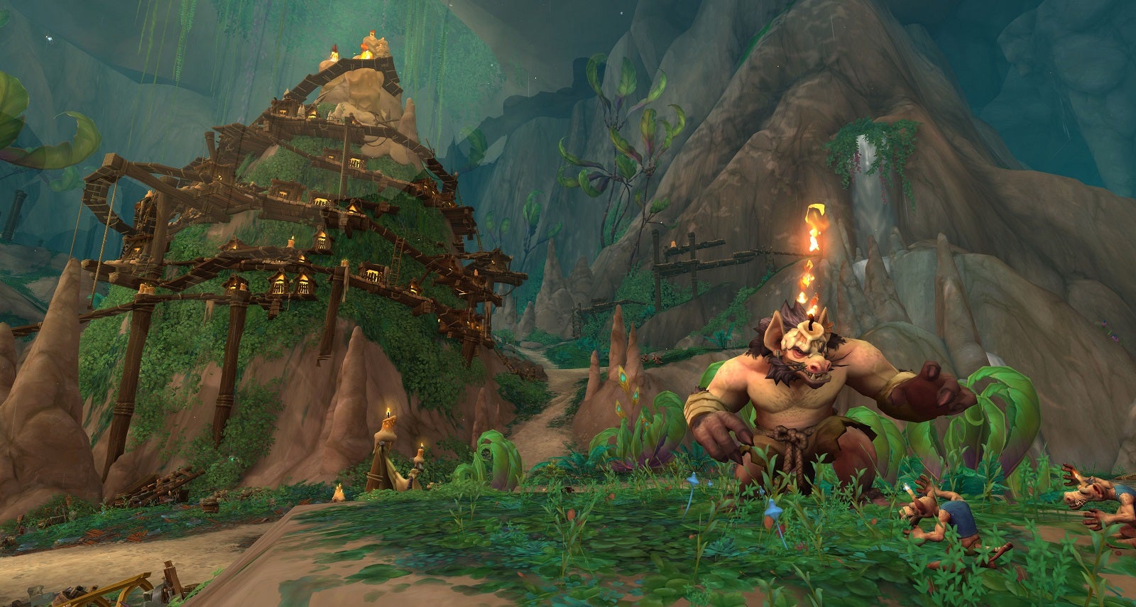 An underground dungeon in World of Warcraft: The War Within, with a spiralling, wooden-walkway-lined settlement of some sort.