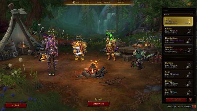 A screnshot showing the new Warband log-in screen to World of Warcraft, in which you'll see your characters huddled around a campfire, waiting for you to choose them and log in.