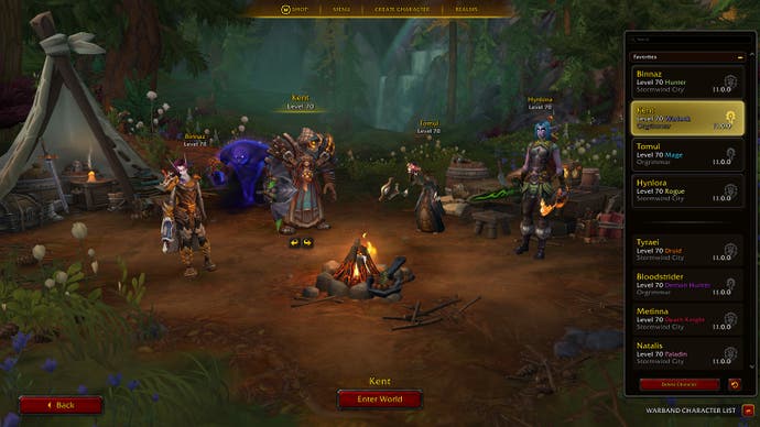 A screnshot showing the new Warband log-in screen to World of Warcraft, in which you'll see your characters huddled around a campfire, waiting for you to choose them and log in.