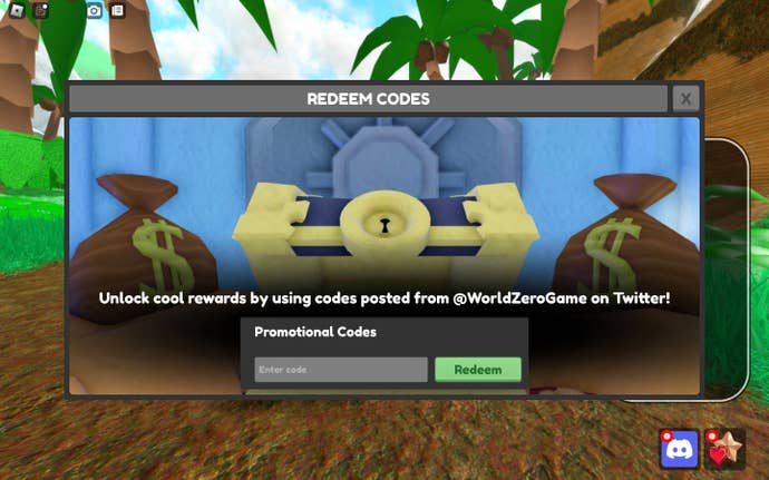 A screenshot of World Zero in Roblox showing the game’s codes page.