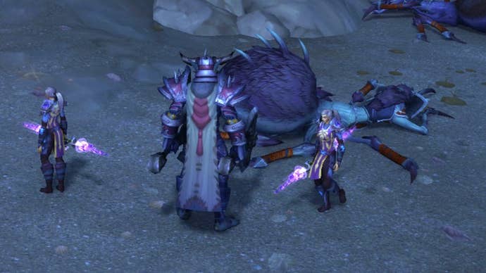 Bertie’s WoW character stands next to a dead giant spider enemy. Or perhaps it’s sleeping. Oh god.