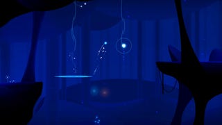 An abstract hero character jumps between platforms in a blue forest scene in Worldless