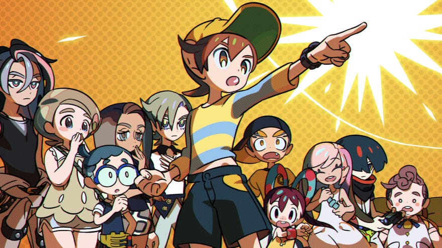 A piece of key art from a cutscene in World’s End Club: the gang are ranged behind a young boy in the centre, who is pointing dramatically up towards the top right corner