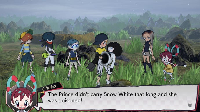 The gang in World’s End Club standing in what looks like a rocky, grassy moorland