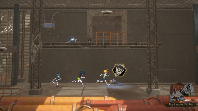 Four of the World’s End Club are running through a factory facility