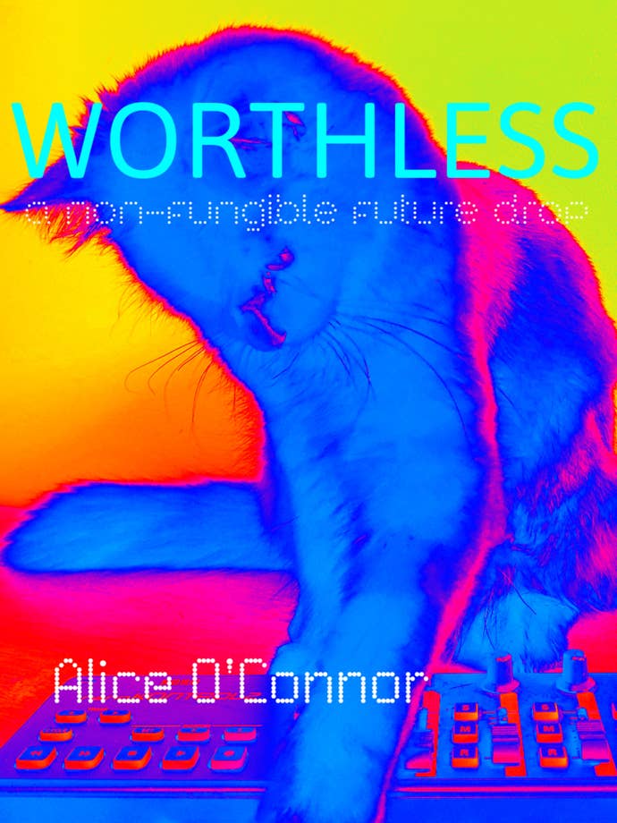 A cyberkitten on the cover of the novel WORTHLESS: A Non-Fungible Future Drop.
