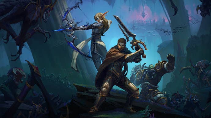 Promotional art for World of Warcraft’s The War Within expansion showing three characters gathered together with weapons raised, while a vast subterranean cavern stretches out behind them.