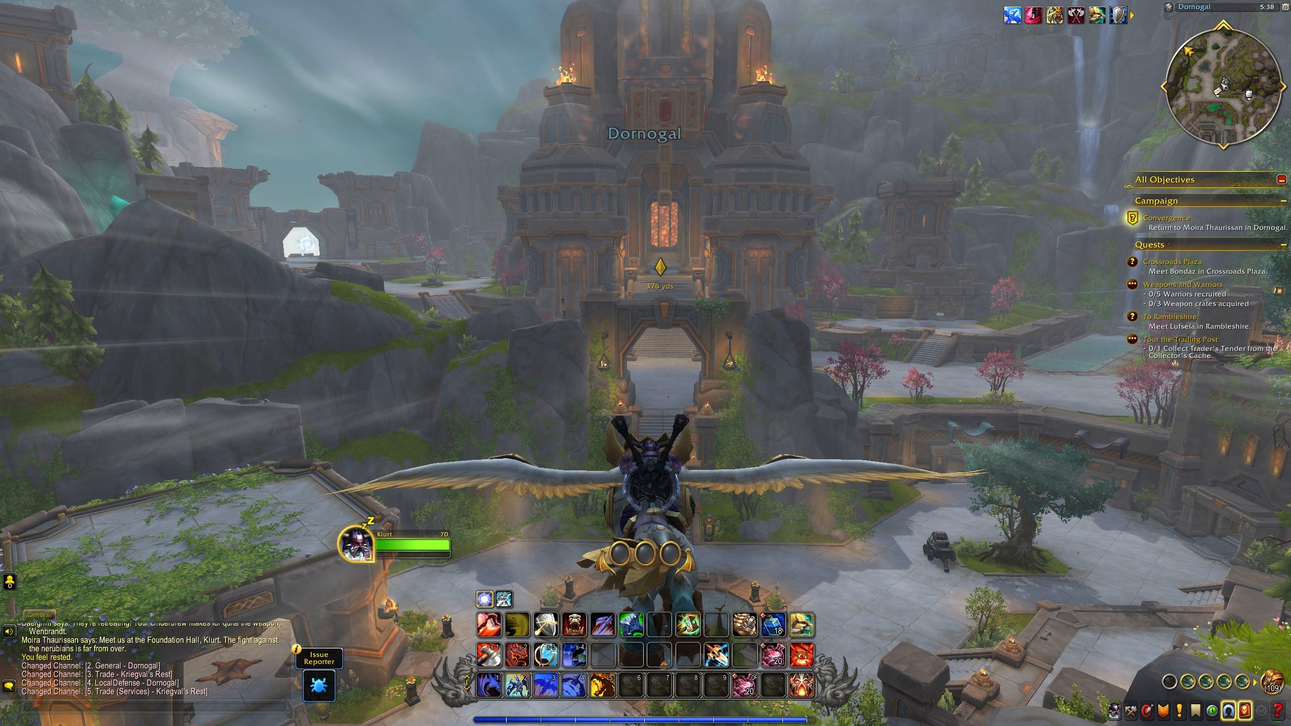 Bertie&rsquo;s World of Warcraft character flies above the new War Within dwarven city of Donogal.