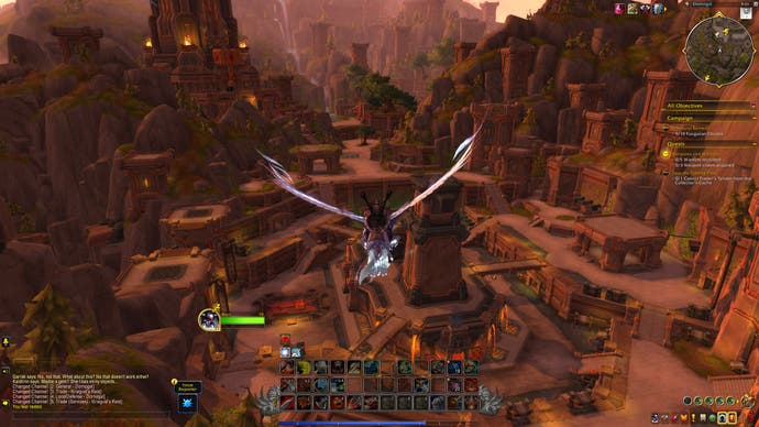 Bertie's World of Warcraft character flies above the new War Within dwarven city of Donogal.