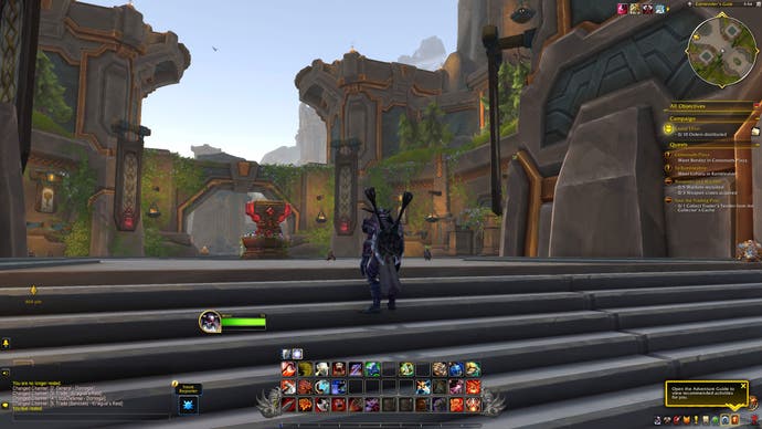 Bertie's World of Warcraft character stands on the steps to the new War Within dwarven city of Donogal.