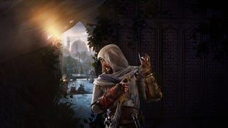 Assassin's Creed Mirage artwork showing main character Basim poised to strike with his arm raised and Hidden Blade weapon ready, while enemies lurk in the background.