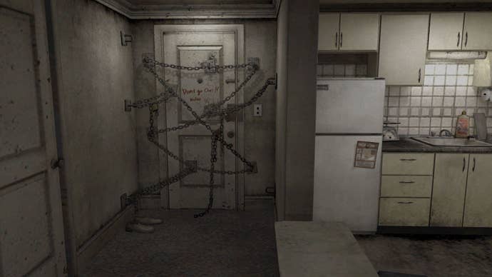 A first-person POV within Henry’s apartment. The door is chained shut from the inside.