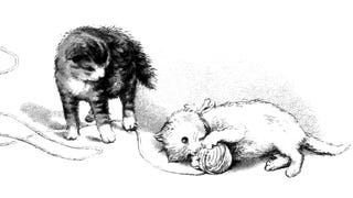 An illustration of kittens playing with a ball of yarn.