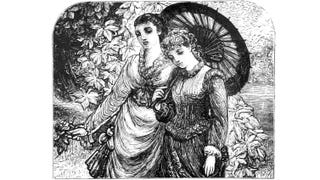 Two Victorian women walking in the woods beneath a parasol in an illustration from 'The dove's nest and other tales'.