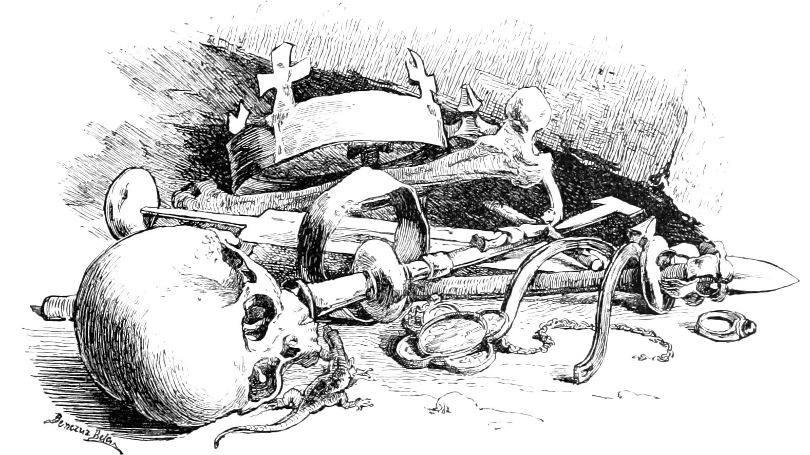 A crown atop a pile of bones in an illustration from &lsquo;Az Osztrák-Magyar Monarchia irásban és képben&rsquo;.