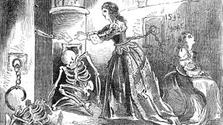 An illustration of a dungeon where a chained woman accepts a note offered by a mysterious skeletal arm.