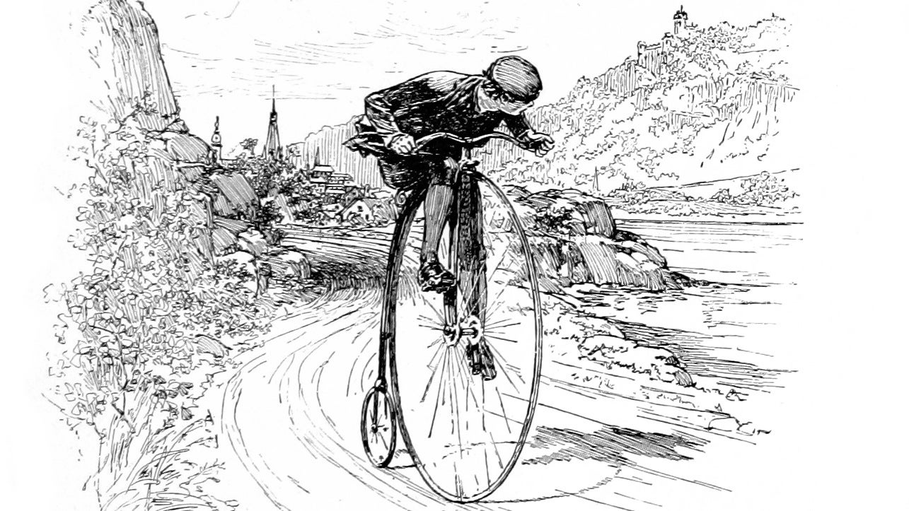 A boy riding a penny farthing bicycle in an illustration from &lsquo;When Life is Young: a collection of verse for boys and girls&rsquo;.