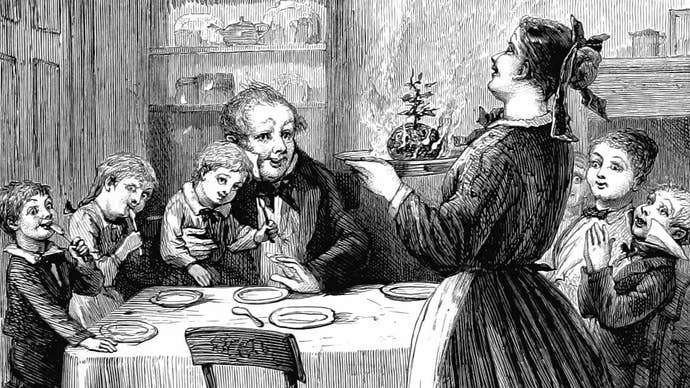 A family sitting round the dinner table excitedly await the delivery of the flaming Christmas pudding in an illustration from ‘A Christmas Carol’.