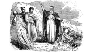 An illustration of Canute pointing to waves claiming his throne.
