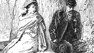 Leaves fall around a woman and man sat on a bench round a tree in an illustration from 'Calumny'.
