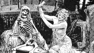 Just a gal and her skeleton pal in an illustration from 'The Blue Poetry Book. Edited by Andrew Lang. With numerous illustrations by H. J. Ford and Lancelot Speed. L.P'.