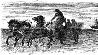 An illustration of a ghostly horse-drawn sleigh racing over waves.