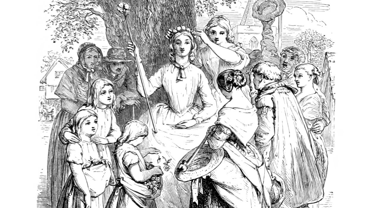 Crowning the May Queen in an illustration from &lsquo;Poems&rsquo;.