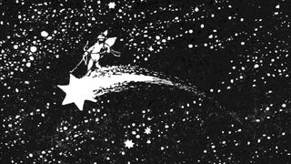 An illustration of a man riding a shooting star.