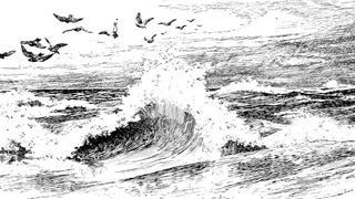 Birds flying over a big crashing wave in an illustration from 'Jarrolds' 'Holiday' Series'.