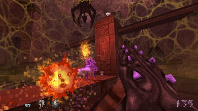 A screenshot from Wrath: Aeon Of Ruin that shows an energy weapon pointed at a crystalline monster.