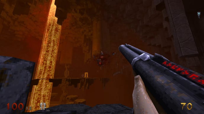 A screenshot from Wrath: Aeon Of Ruin that shows a shotgun pointed at a lavafall.