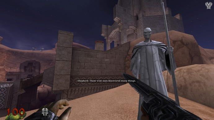 A screenshot from Wrath: Aeon Of Ruin that shows a shotgun pointed a statue.