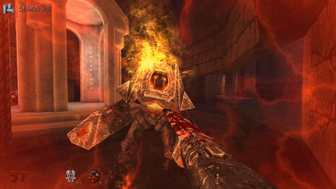 A screenshot from Wrath: Aeon Of Ruin that shows a flaming monster run at the player.