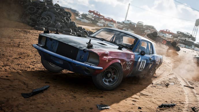 wreckfest 2 key art showing a car on dusty desert terrain