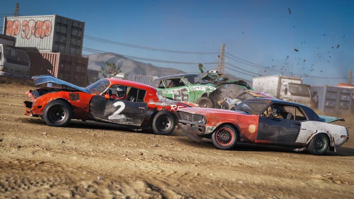 Some cars having a crash and a race at the same time in Wreckfest 2.