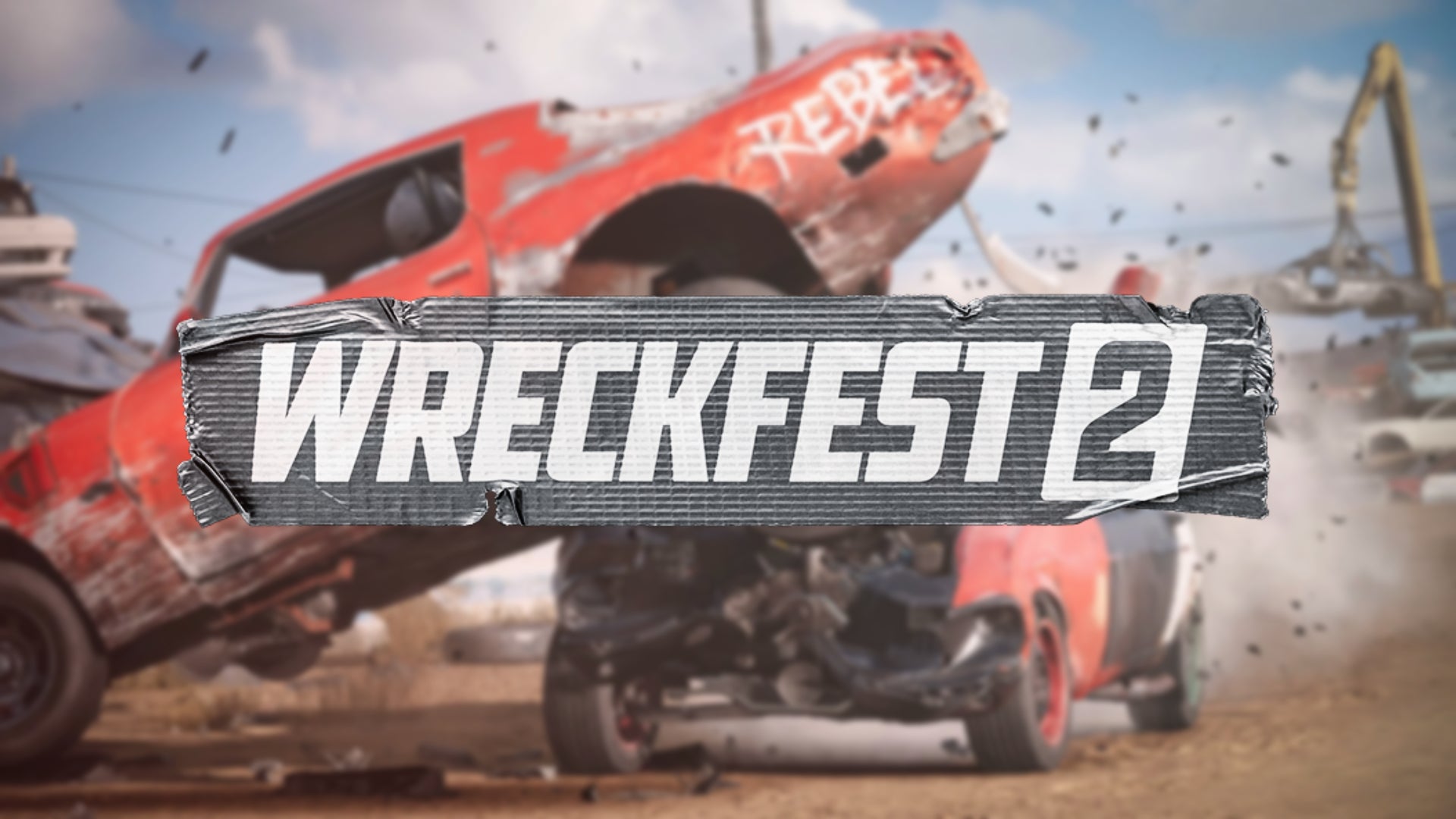 Wreckfest 2 header, in the background two cars collide, and in the foreground there's a Wreckfest 2 logo written on what looks like gaffer tape. - 1