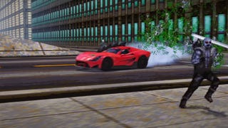A screenshot of Wreckfest's Carmageddon update, showing pixelated zombies being burst into green puddles by an iconic red car.