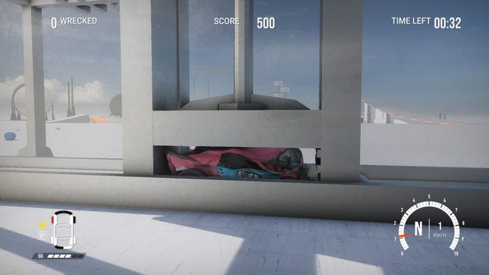 The player's car is crushed successful a machine.