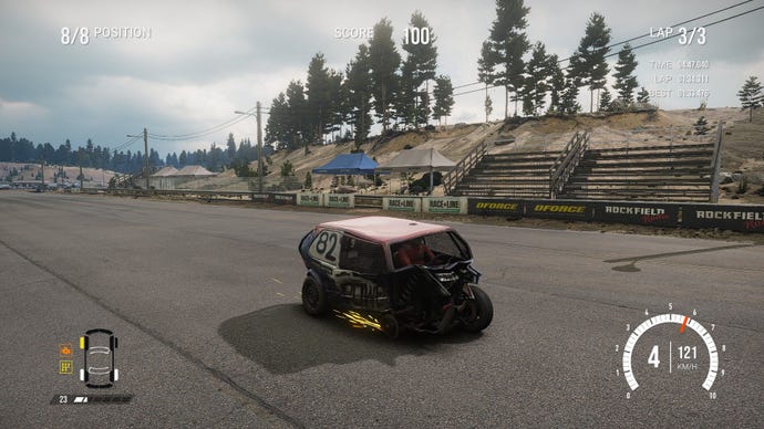 The player's European banger has its chemoreceptor squashed level and sparks are flying from its mislaid wheel.
