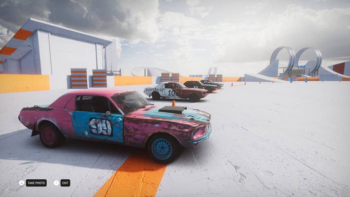 Cars line up in the “testing grounds” - an area for the players to try crazy stunts.