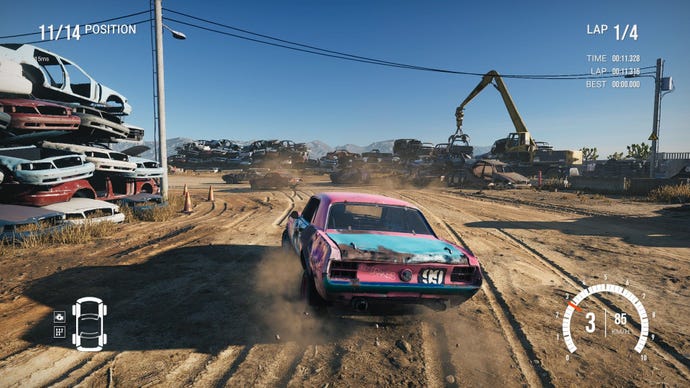 The player's pinkish and bluish car drifts astir a dusty country successful a scrapyard.