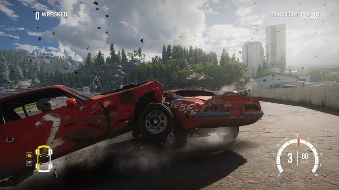 An hostile slams the player's rear bumper, sending debris everywhere.
