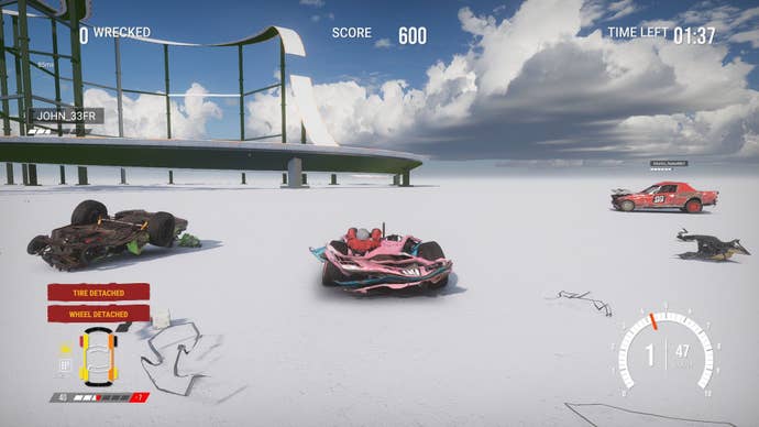 The player’s car is squashed flat in a white void-like space.